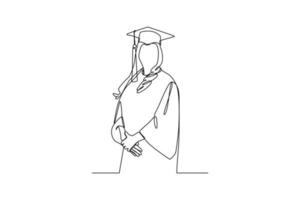 continuo uno línea dibujo contento masculino o hembra estudiante utilizando graduación vestidos y tapas. graduación concepto. soltero línea dibujar diseño vector gráfico ilustración.