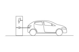 Continuous one line drawing Electric car at charging station. Electric car concept. Single line draw design vector graphic illustration.