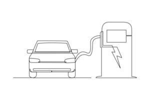 Continuous one line drawing Electric car at charging station. Electric car concept. Single line draw design vector graphic illustration.