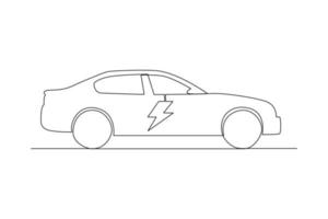 Continuous one line drawing sedan. Electric car concept. Single line draw design vector graphic illustration.