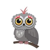 For a greeting card. Owl icon. A gray owl sits on a branch. Wild forest bird. Flat vector illustration isolated on white background.