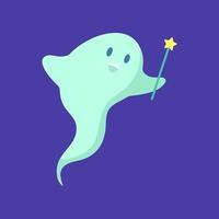 Cartoon Color Character Funny Happy Ghost with Magic Wand . Vector