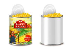 Realistic Detailed 3d Organic Canned Corn Set. Vector