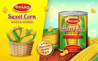 realista detallado 3d orgánico Enlatado maíz anuncios bandera concepto póster tarjeta. vector
