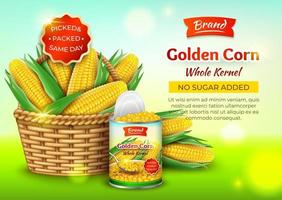 Realistic Detailed 3d Organic Canned Corn Ads Banner Concept Poster Card. Vector