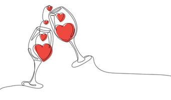 Continuous line drawing of  two glasses of wine in heart shape vector