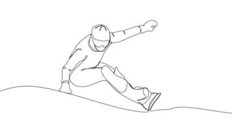 continuo uno línea dibujo de tabla de snowboard atleta1 vector
