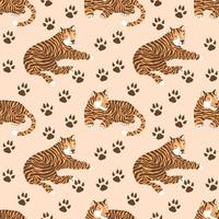 Vector seamless pattern with cute tigers and paws footprints