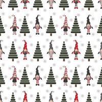 Seamless pattern with cute christmas gnomes, new years trees and snowflakes vector
