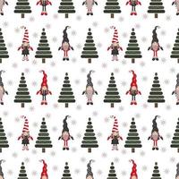 Seamless pattern with cute christmas gnomes, new years trees and snowflakes vector