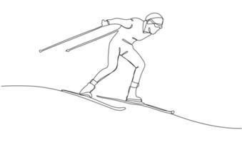 Continuous one line drawing of skier athlete vector