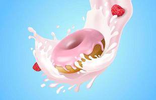 Realistic Detailed 3d Pink Raspberry Donut with Milky Splash Effect Concept Background. Vector