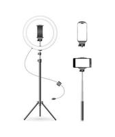 Realistic Detailed 3d Led Ring Lamp and Monopod Set. Vector