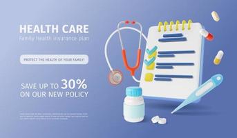 3d Health Care Family Insurance Policy Ads Banner Concept Poster Card. Vector