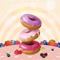 Realistic Detailed 3d Berry Donut Concept Background. Vector