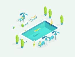 nadando público piscina verano concepto 3d isométrica vista. vector