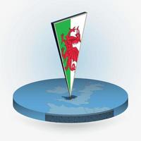 Wales map in round isometric style with triangular 3D flag of Wales vector