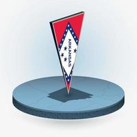 Arkansas map in round isometric style with triangular 3D flag of US State Arkansas vector