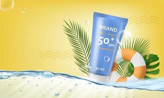 Realistic Detailed 3d Tube Waterproof Sunscreen Silky Protection Concept Background. Vector