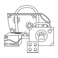 Set of elements for animals, cats, dogs, bag, carrier, medicine, first aid kit, vitamins. vector