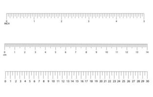 set of black measuring Horizontal scale of ruler centimeters, inches with numbers , Size indicators unit distances. Themomether scale Distance, height or length measurement math vector