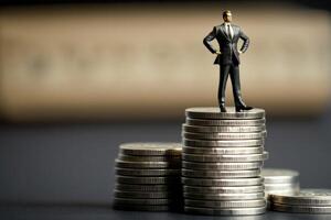 Business man figurine on top of coins pyramid, money coins background. photo