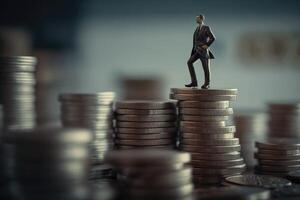 Business man figurine on top of coins pyramid, money coins background. photo