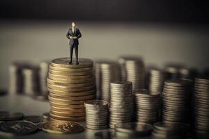 Business man figurine on top of coins pyramid, money coins background. photo