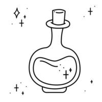 Magic potion in a vial surrounded by stars. Doodle vector illustration, clipart.