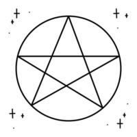 Magic pentagram surrounded by stars. Doodle vector illustration, clipart.