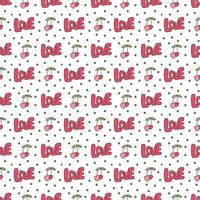 Seamless pattern in y2k style with love text and cherries. Cartoon flat color vector illustration.