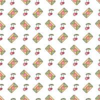 Seamless pattern in y2k style with letter and cherry. Cartoon flat color vector illustration.