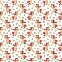 Seamless pattern with cute unicorn character and stars. Cartoon flat color vector illustration.