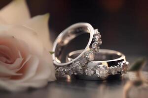 romántico Boda joyería antecedentes con dos blanco oro diamante anillos ai generado foto