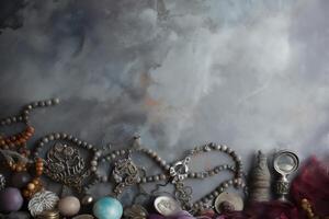 Jewelry Theme On Handpainted Textural Gray Background photo