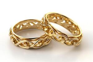 2 oro Boda anillos vinculado me gusta cadenas en 3d representación en un blanco antecedentes ai generado foto