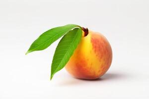 Fresh peach with leaf, isolate on white background. Macro studio shot. . photo