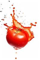 chapoteo con salpicar desde jugo desde un tomate en un blanco antecedentes. vitaminas, sano alimento. ai generado. foto