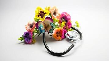 Health Day, a medical stethoscope in multi-colored entwined flowers on a white background. . photo