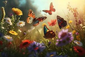 Butterflies fly over field colorful flowers on a sunny day, wallpaper. . photo