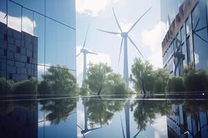 Wind generators among the high mirror city business buildings, rows with the lake. . photo