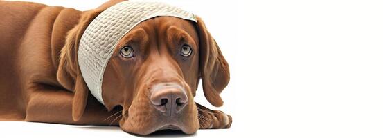 A sick dog sits with a bandage on his head and a white background. . photo