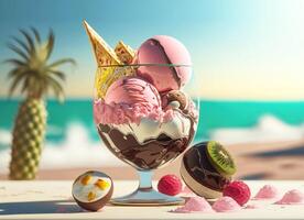 Dish with colored balls of ice cream with nuts and chocolate chips. . photo