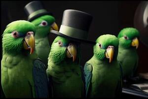 un grupo de verde loros de caballeros en el sombrero de el jefe y científicos. ai generado. foto