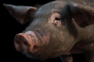 Domestic farm pig close-up on a black dark background. . photo