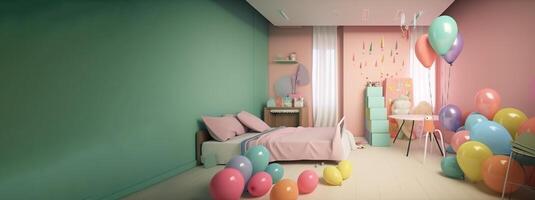 el niños habitación es decorado para el celebracion de el cumpleaños, vistoso globos, cintas ai generado. foto