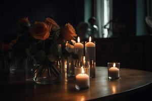 velas cerca florero en mesa ai generado foto