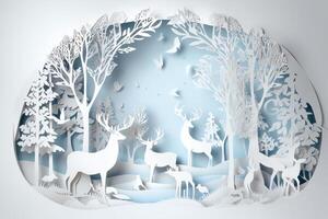 Winter papercut design with snowflakes trees and reindeer on white background Christmas holiday photo