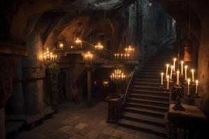 subterráneo mágico castillo con alcantarillas pasarelas izquierda escalera vela iluminado noche ai generado foto