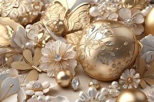 3d Wallpaper Of Golden Jewelry Flowers Balls And Butterflies photo